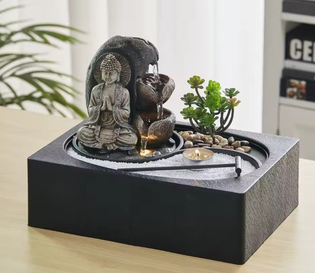 CL69 - Buddha Zen Table Fountain with LED Light Indoor Buddha Statue Fountain Landscape Succulent Plants Home Decoration