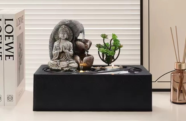 CL69 - Buddha Zen Table Fountain with LED Light Indoor Buddha Statue Fountain Landscape Succulent Plants Home Decoration