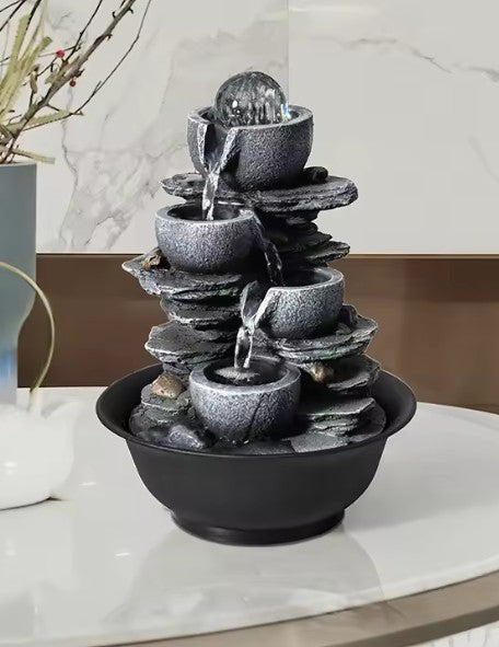 CL101 - 4-Tier Stone Falls Tabletop Water Fountain with LED Lights - Peaceful and Relaxing Water Sound - Decorative Waterfall Fountain