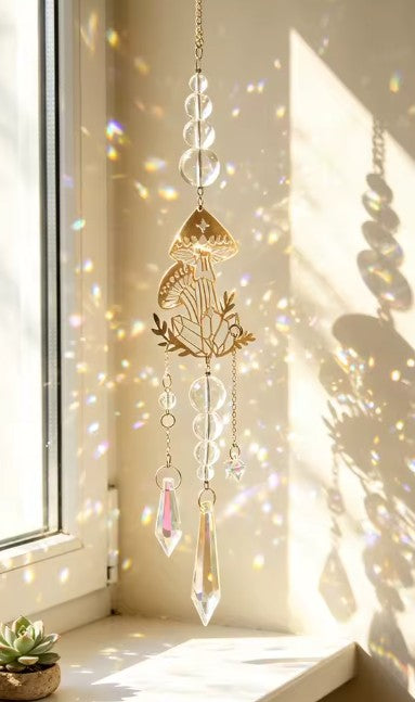 CL102 - Gold Mushroom Crystal Suncatcher Rainbow Maker with Prism Beads Boho Window Hanging Pendant Home Garden Decor Ornament Gifts