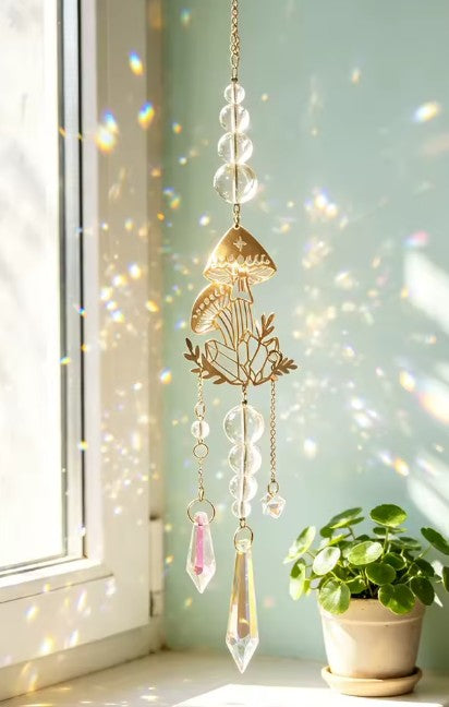 CL102 - Gold Mushroom Crystal Suncatcher Rainbow Maker with Prism Beads Boho Window Hanging Pendant Home Garden Decor Ornament Gifts