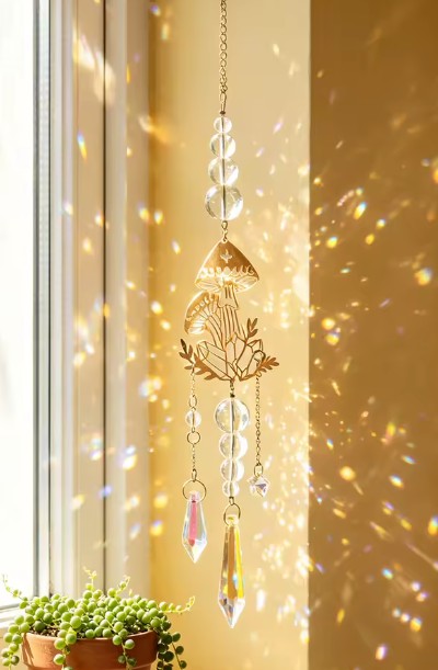 CL102 - Gold Mushroom Crystal Suncatcher Rainbow Maker with Prism Beads Boho Window Hanging Pendant Home Garden Decor Ornament Gifts