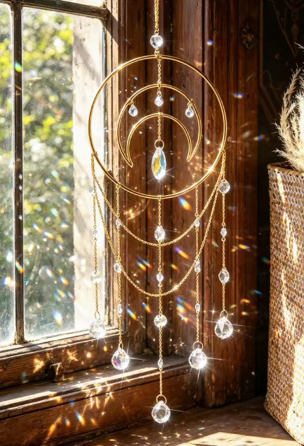 CL107 - Moon Crystal Suncatcher Rainbow Prism Hanging Sun Catcher Light Catcher for Window Home Garden Boho Aesthetic Room Decor Gift