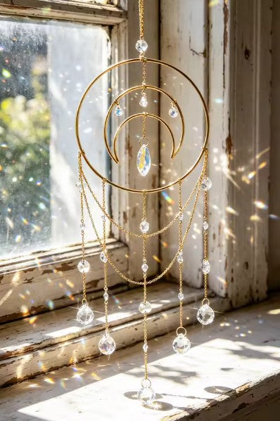 CL107 - Moon Crystal Suncatcher Rainbow Prism Hanging Sun Catcher Light Catcher for Window Home Garden Boho Aesthetic Room Decor Gift