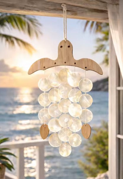 CL110 - Nautical Wooden Turtle Capiz Shell Wind Chime.