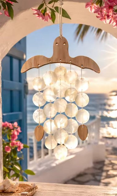 CL110 - Nautical Wooden Turtle Capiz Shell Wind Chime.