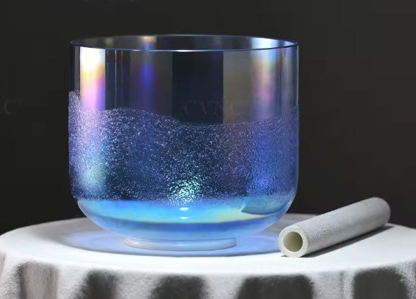 CL24 - 6 Inch Glacier Flowing Sand Clear Quartz Crystal Singing Bowl Cosmic Light for Meditation and Sound Healing with Mallet