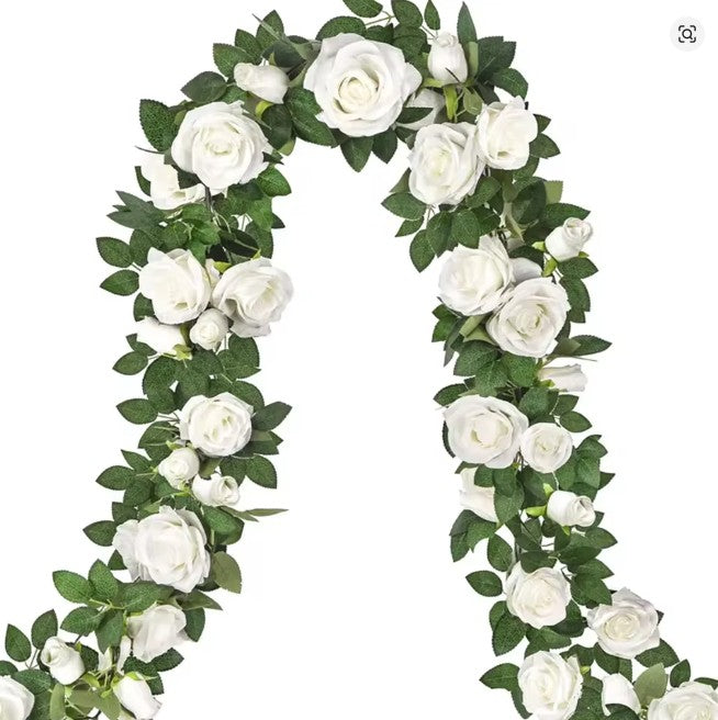 CL14 - 19.5ft Artificial Floral Garland With White Rose, Fake Vines Silk Flower Hanging Rose Garland For Wedding Arch Garden Background.