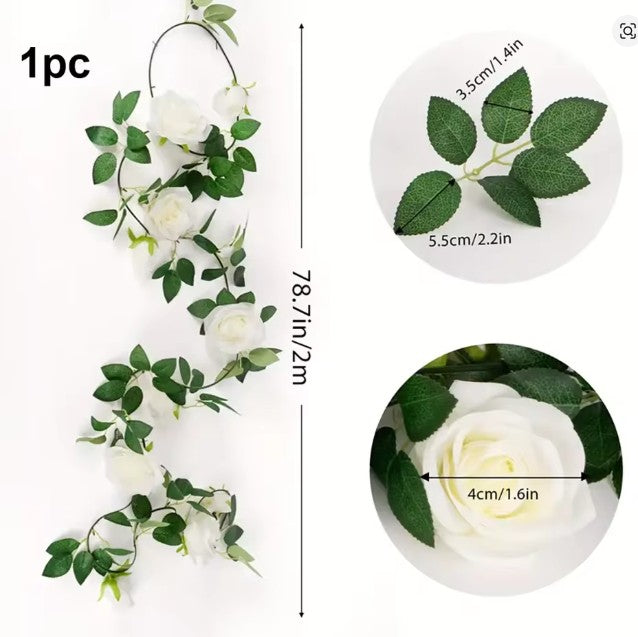 CL14 - 19.5ft Artificial Floral Garland With White Rose, Fake Vines Silk Flower Hanging Rose Garland For Wedding Arch Garden Background.