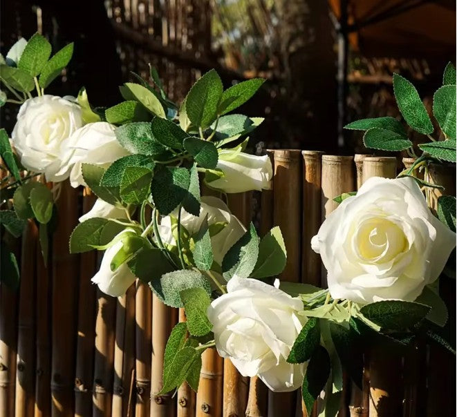 CL14 - 19.5ft Artificial Floral Garland With White Rose, Fake Vines Silk Flower Hanging Rose Garland For Wedding Arch Garden Background.