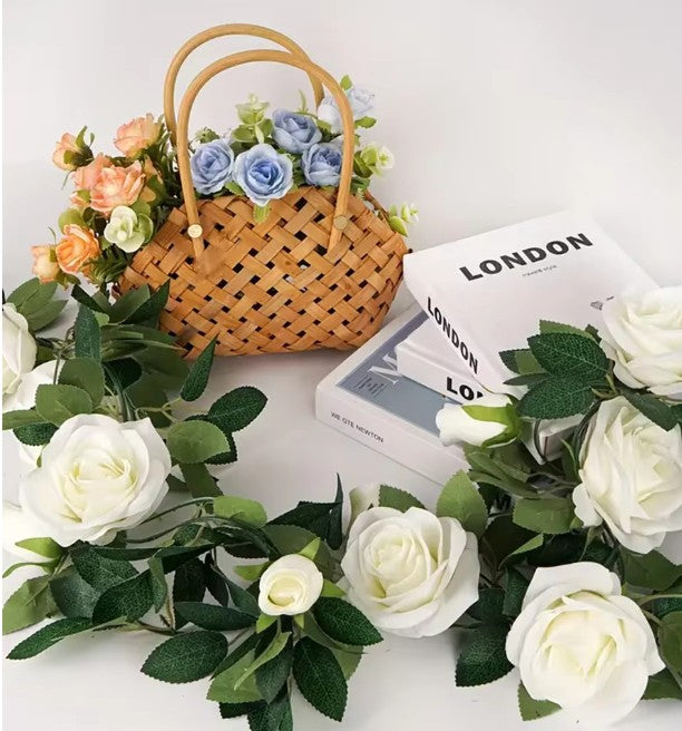 CL14 - 19.5ft Artificial Floral Garland With White Rose, Fake Vines Silk Flower Hanging Rose Garland For Wedding Arch Garden Background.
