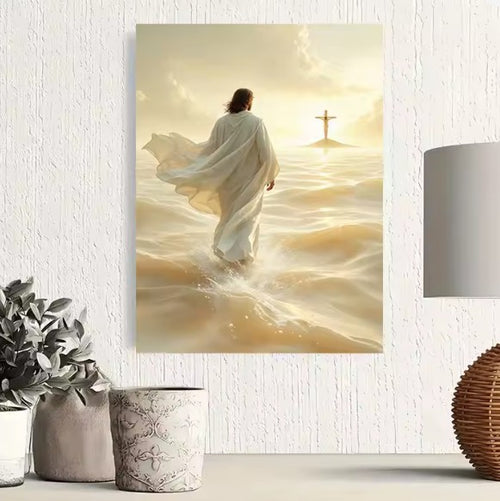 CL112 - Jesus Walking on Water Canvas Wall Art Print, Christian Religious Ocean Painting for Home Decor, Uplifting Biblical Artwork
