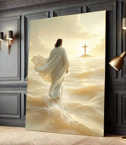 CL112 - Jesus Walking on Water Canvas Wall Art Print, Christian Religious Ocean Painting for Home Decor, Uplifting Biblical Artwork