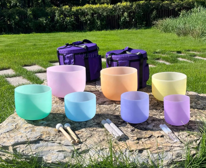 CL125 - 7-Piece Frosted Quartz Crystal Singing Bowl Set: 432Hz, Pastel Colors, Carry Cases, Mallets