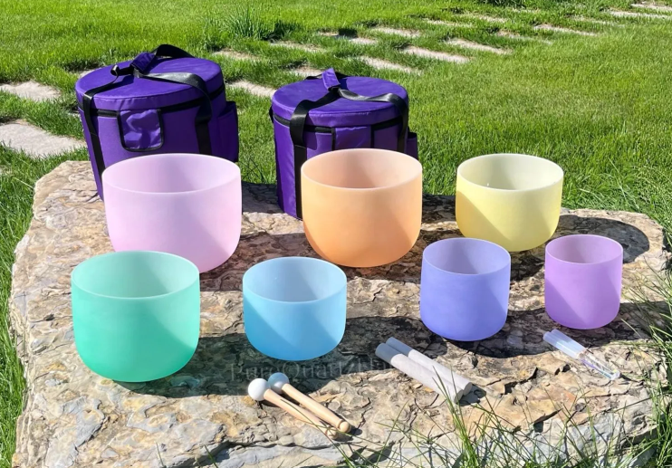 CL125 - 7-Piece Frosted Quartz Crystal Singing Bowl Set: 432Hz, Pastel Colors, Carry Cases, Mallets