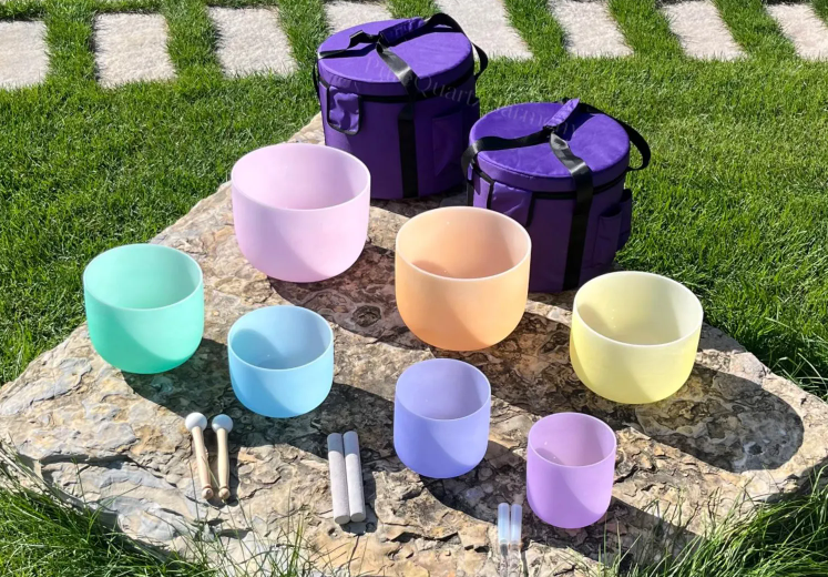 CL125 - 7-Piece Frosted Quartz Crystal Singing Bowl Set: 432Hz, Pastel Colors, Carry Cases, Mallets