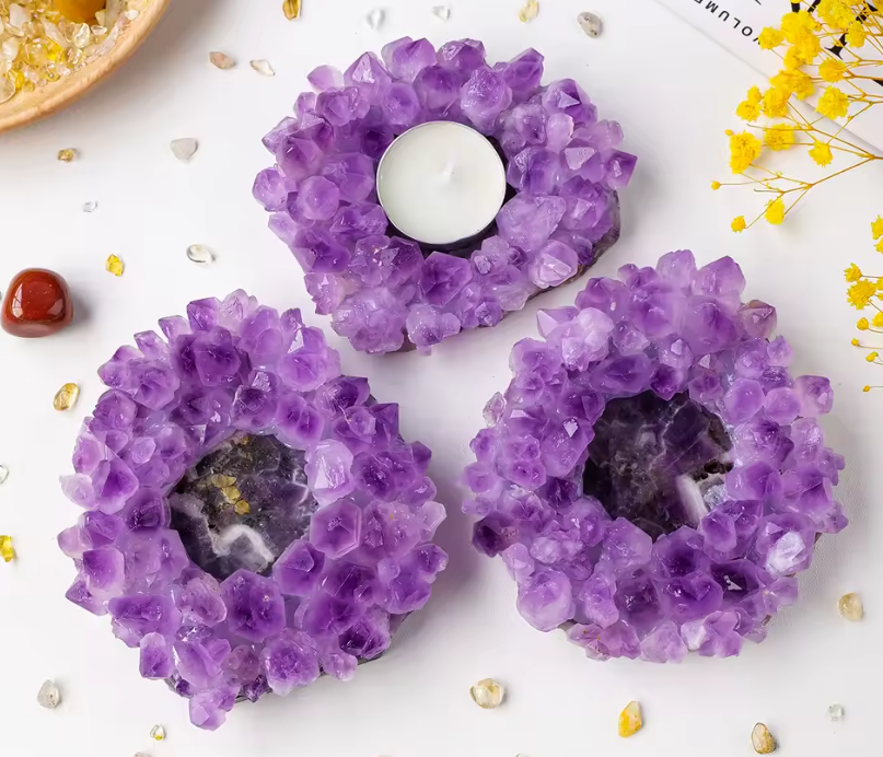 CL139 - 1PC Natural Amethyst Cluster Amethyst Tooth Flower Stone Candlestick Base