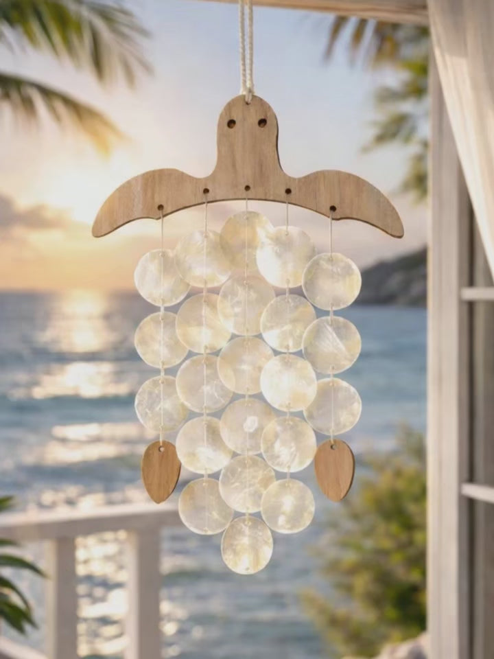 CL110 - Nautical Wooden Turtle Capiz Shell Wind Chime.