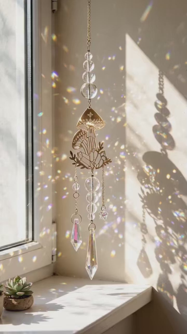 CL102 - Gold Mushroom Crystal Suncatcher Rainbow Maker with Prism Beads Boho Window Hanging Pendant Home Garden Decor Ornament Gifts