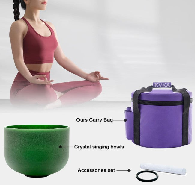 CL5 - 432Hz 8 Inch Colored Design Frosted Quartz Crystal Singing Bowls with Carry Case Bag (F note -Green)