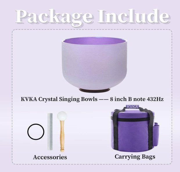 CL3 - 432Hz 8 Inch Colored Design Frosted Quartz Crystal Singing Bowls with Carry Case Bag (B note -Light Purple)