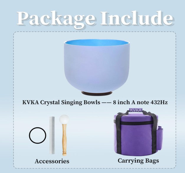 CL2 - 432Hz 8 Inch Colored Design Frosted Quartz Crystal Singing Bowls with Carry Case Bag (A note -Light Indigo)