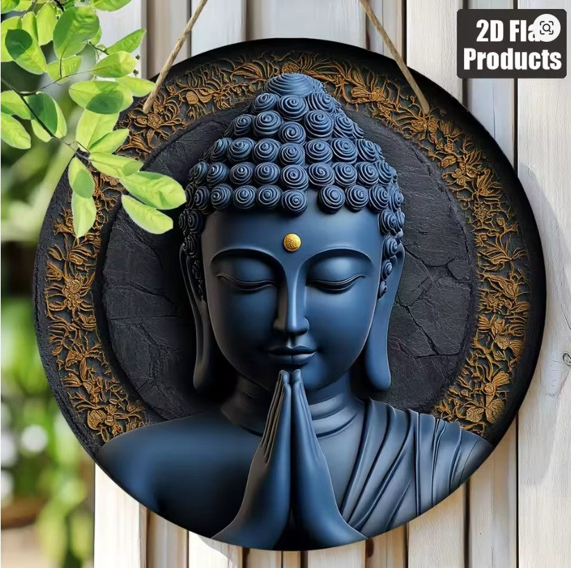 CL67 - 2D flat 1pc Buddha statue head theme circular wooden sign hanging decoration, family festival decoration